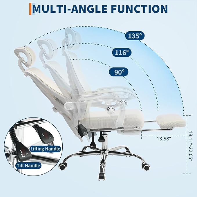 Ergonomic Office Chair, Adjustable Headrest and Lumbar Support, Retractable Footrest, Home Office Computer Executive Desk and Chair with Wheels for Home Office, Beige with Pillow