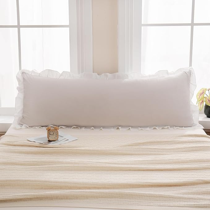Merryword Beige Body Pillow Cover 20x54inches Beige and White Reversible Long Pillowcase Ruffled Body Pillowcases Cute Pillowcase Pillow Sham (1 Body, Beige White)