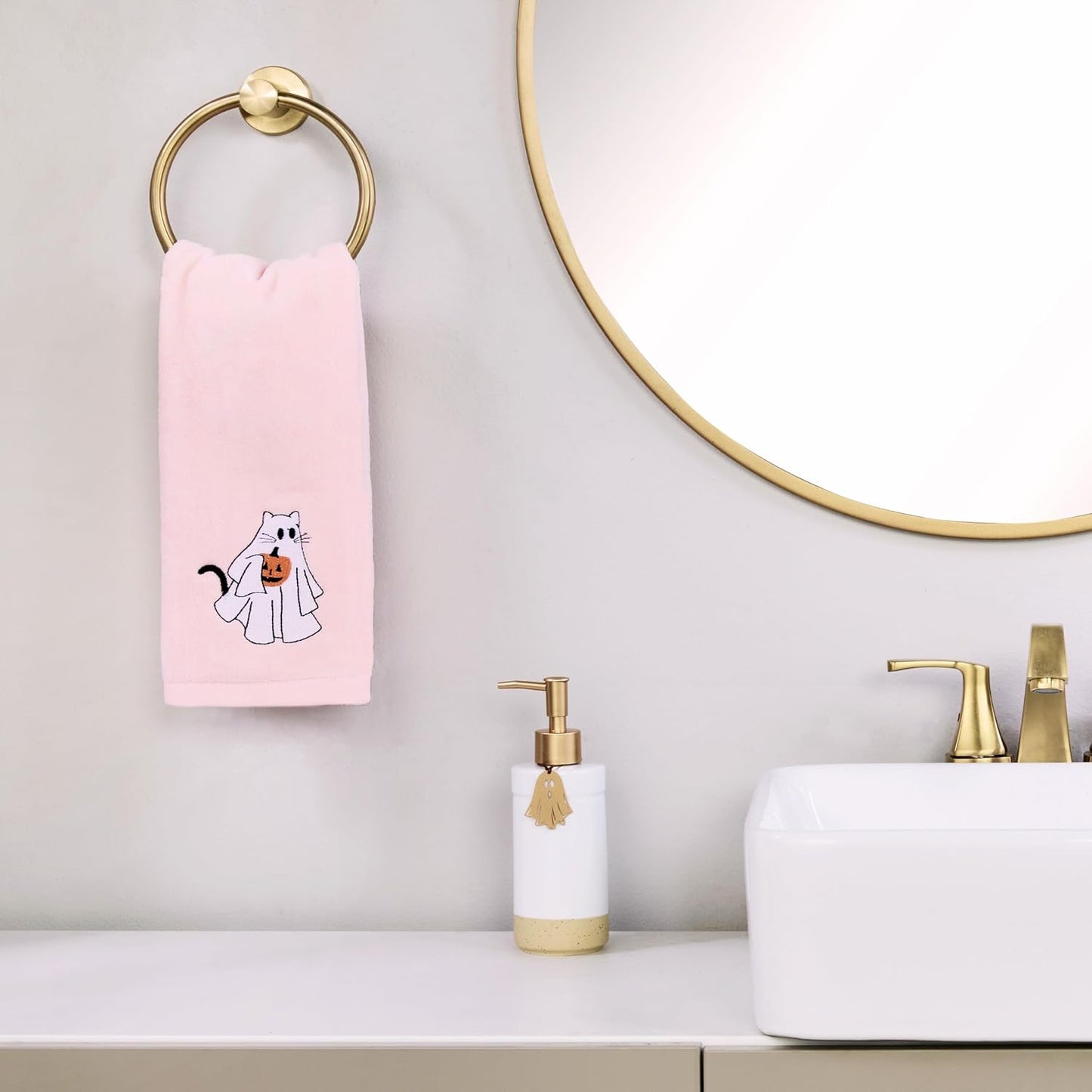 SKL Home Halloween Ghost Cat 100% Cotton Embroidered 2pc Hand Towel Set, Decorative for Bath/Kitchen/Bar & Gift, Pink