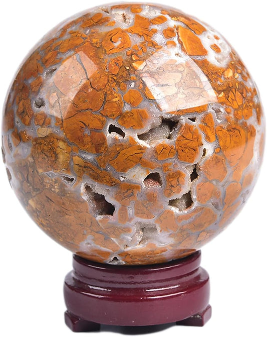 JIC Gem Natural Healing Crystal Sphere Ball Yellow Agate Crystal Decorative Ball with Display Stand Chakra Meditation Fengshui (80-90mm)