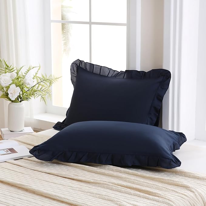 Merryword Navy Pillow Shams Navy Blue Ruffle Standard Pillowcases Cute Pillow Cover Set of 2 Shabby Chic Soft Microfiber Pillowcases 2 Pack
