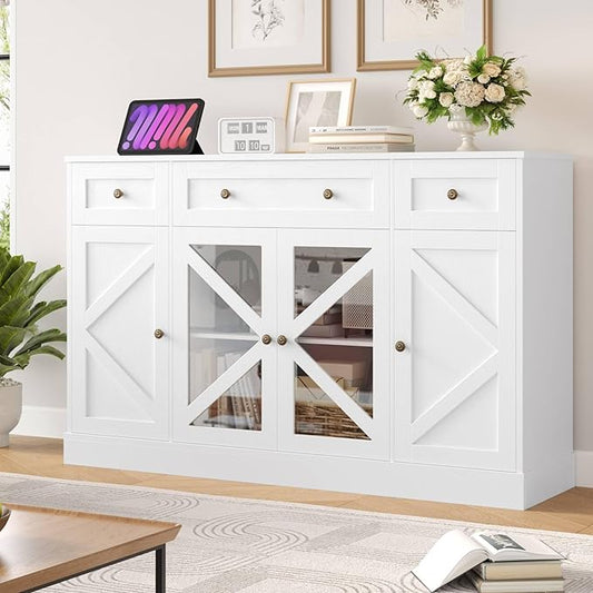 Keyluv Buffet Sideboard 55" Large Storage Cabinet 4 Doors and 3 Drawers, Farmhouse Wooden Coffee Bar Space-Saved Cupboard Furniture for Dining Room, Kitchen, Living Room, White