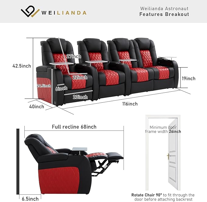 Home Theater Seating, Top Grain Leather Movie Seats Recliner Chair, Zero Gravity Reclining Gaming Sofa with Power Headrest 7 Colors Ambient Lighting 4 Seats Loveseat Right Black Dark Red