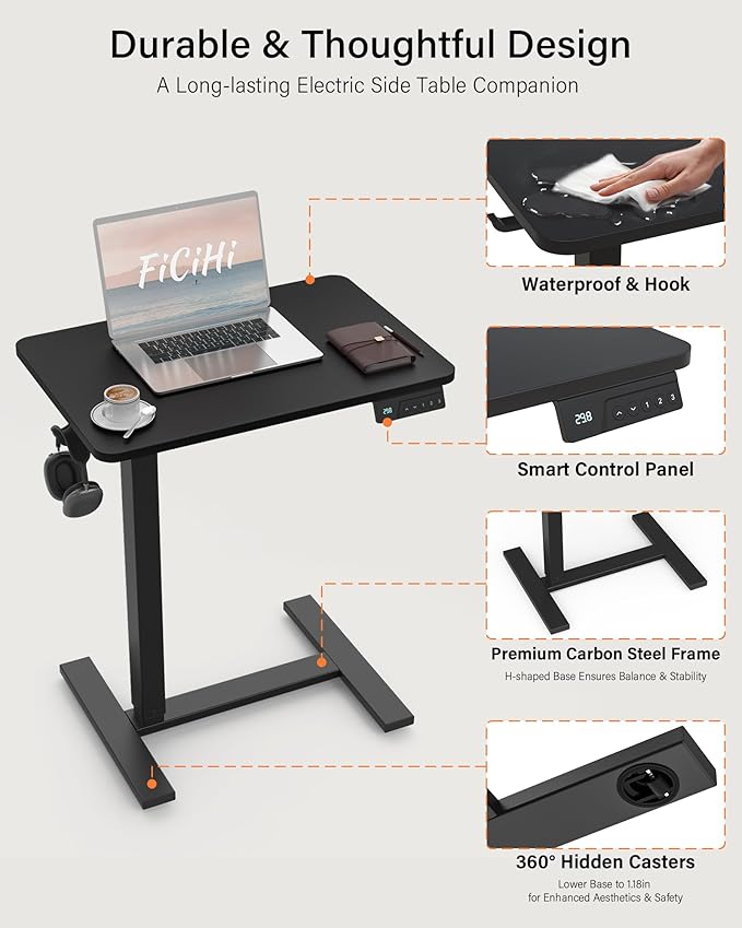 Small Mobile Standing Desk with Wheels, Electric Height Adjustable Portable Rolling Computer Cart, Movable Sit Stand Laptop Table for Sofa, Bedside, Home Office Workstation (27.6", Black)