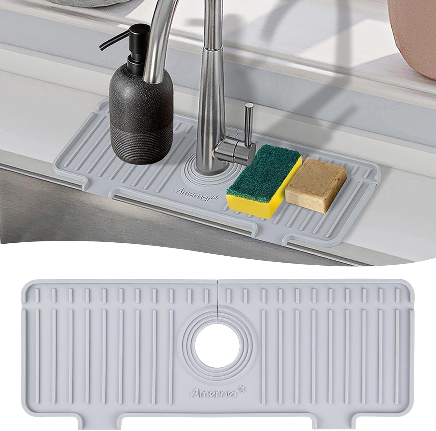 Kitchen Sink Splash Guard, Silicone Faucet Guard & Draining Mat, 10° Large Slope Sink Faucet Mat Splash Guard, Bathroom Sink Organizer, Kitchen Sink Accessories Gadgets, 14.2” x 5.1”, Gray