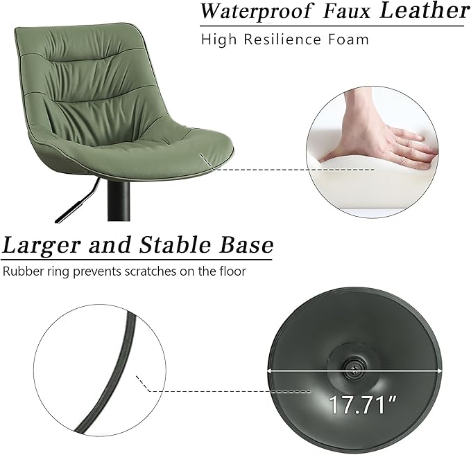 Kidol & Shellder Bar Stools Set of 2 Adjustable Swivel Green, PU Leather Upholstered with Back, Modern Counter Height Stools for Kitchen Island, Home Bar