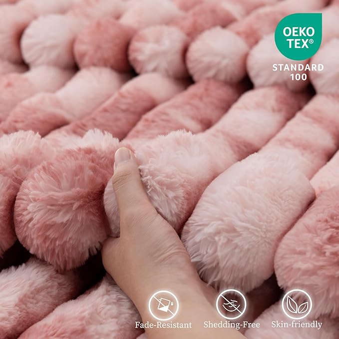 Throw Blanket for Couch - 60" x 80" Faux Rabbit Fur Throw Blanket Cozy Soft Warm Blankets for Bed Sofa Bedroom Living Room Fluffy Striped Blankets for Fall Winter, Home Decor, Pink
