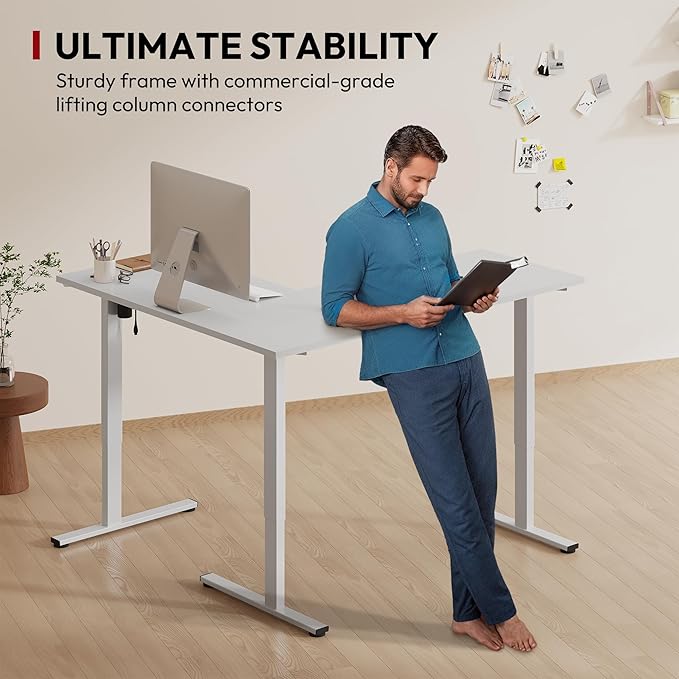 SANODESK Electric Height Adjustable 3 Leg Corner Desk Frame, up to 220lbs, Sit Stand Ergonomic L Shaped Frame Only, White