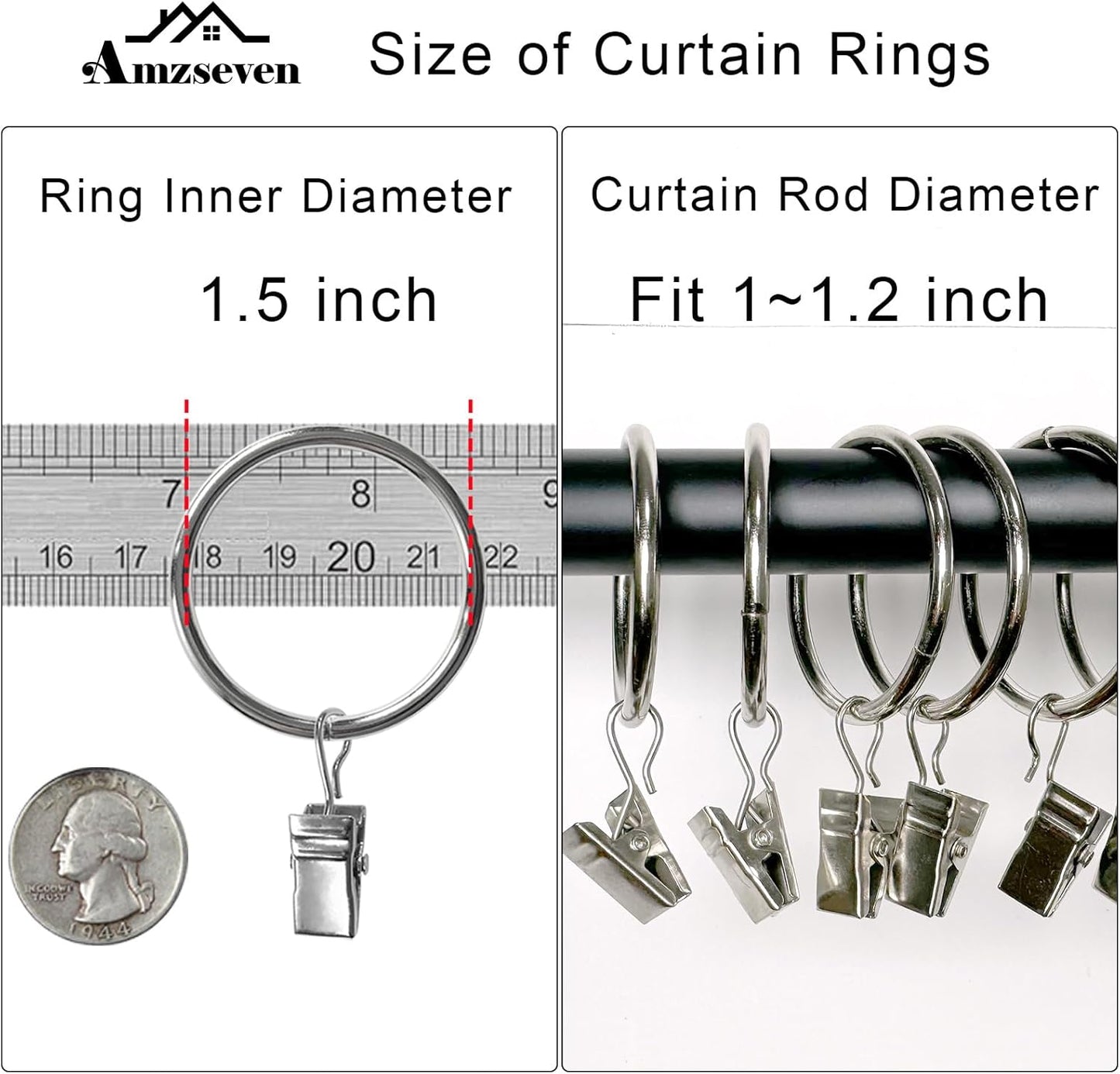 40 Pack Metal Curtain Rings with Clips, Drapery Clips Hooks, Decorative Curtain Rod Clips 1.5 in Interior Diameter, Silver