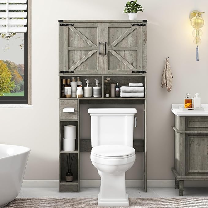 Over The Toilet Storage Cabinet, Farmhouse Storage Cabinet Over Toilet with Barn Doors & Toilet Paper Holder Stand，Home Space-Saving Toilet Rack, for Laundry, Bathroom, Restroom.Grey Oak