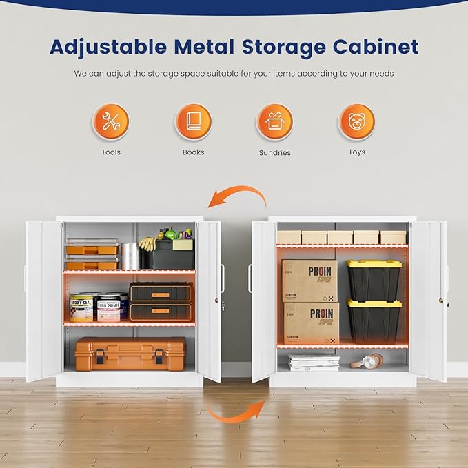 Yizosh Metal Garage Storage Cabinet with 2 Doors and 2 Adjustable Shelves - 35.5" Steel Lockable File Cabinet for Home Office,Garage,Gym,School (White)