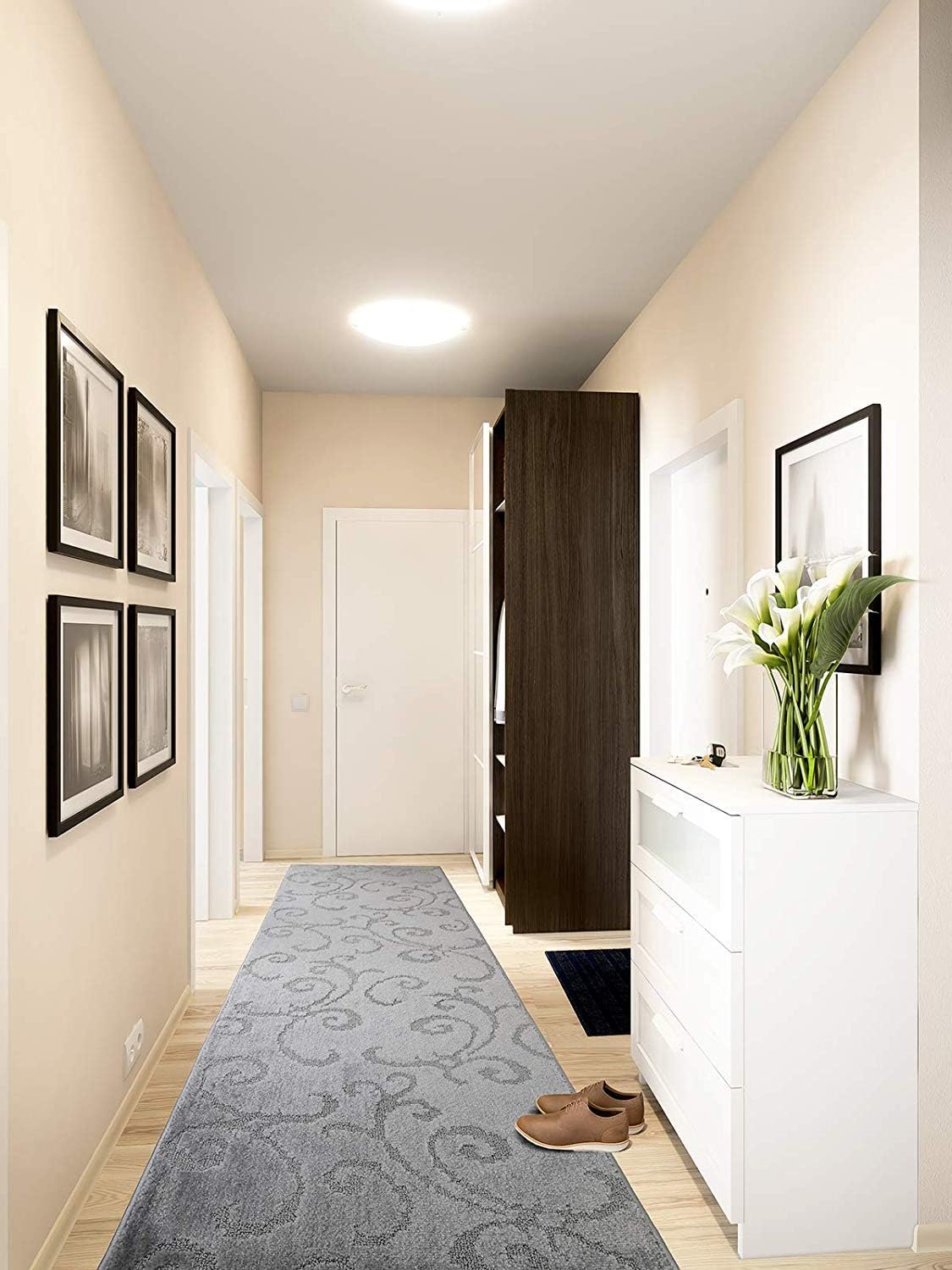 Custom Length Hallway Runner Rug,Slip Resistant,Scroll Grey, 26 Inch X 13 feet, Sold and Priced Per Foot
