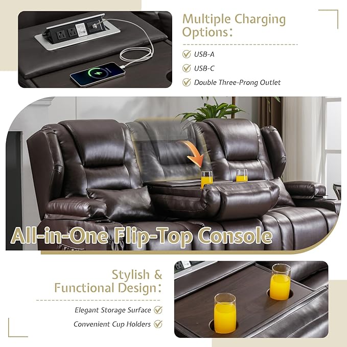 SAMERY Power Loveseat Recliner Sofa with Adjustable Split Back, Multi-Port Charger, Flip-Up Backrest & LED Lighting - Home Theater Seating with Storage, Cup Holders, Brown Faux Leather Loveseat