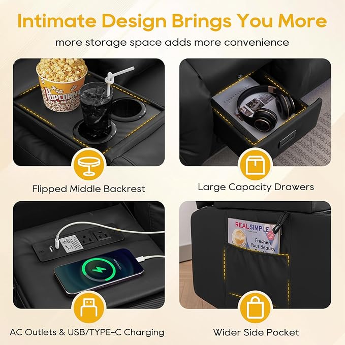 IPKIG 67" Power Reclining Loveseat Sofa, Electric Home Theater Seating with Console/4 Colors Ambient Lighting/Bluetooth Speakers/USB Ports/Built-in Outlets (Black, Loveseat Recliner)