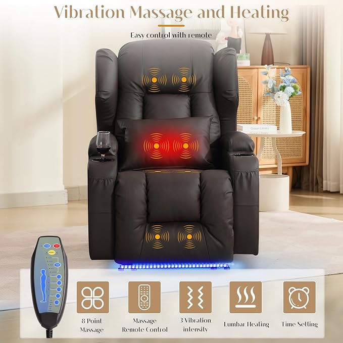 Wall Hugger Power Recliner Chair, Home Theater Seating Electric Recliing Sofa with Massage & Heat, Cup Holder, USB Port, LED Ambient Light, Storage for Living Room (Brown, Chair + Console)
