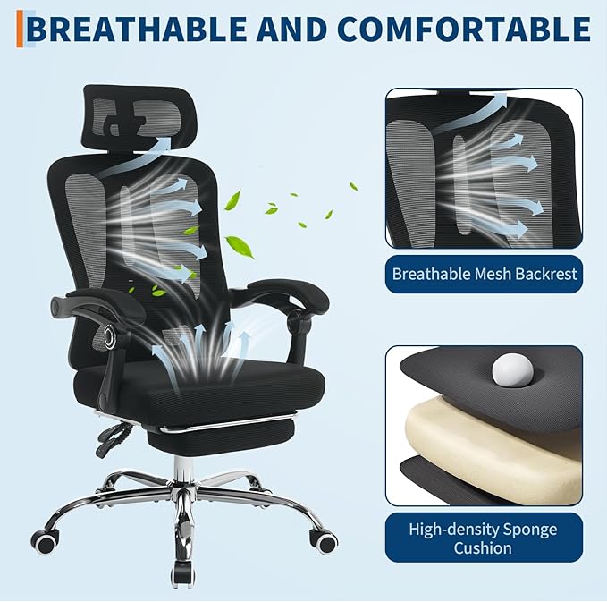 GarveeHome High Back Ergonomic Office Chair with Mesh Back, Retractable Footrest, Adjustable Headrest & Lumbar Support – Computer Desk Chair with Wheels for Home Office or Bedroom, Black with Pillow