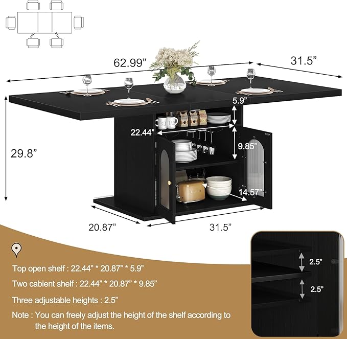 HSH Black Dining Table for 4 to 6, Modern Kitchen Dining Room Table with 3-Tier Storage Shelf and Acrylic Door Cabinet, Rectangular Wooden Dinner Tables for Home Kitchen Living Room, Black Oak，63 in