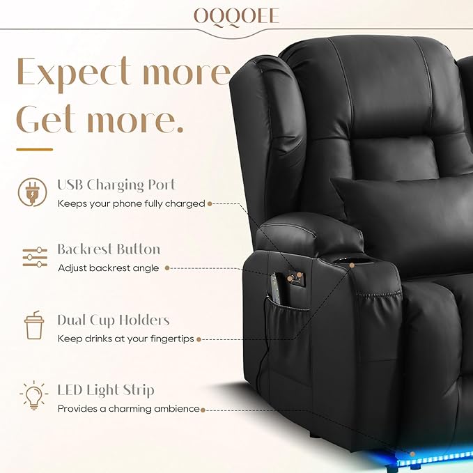 Wall Hugger Power Recliner Chair, Home Theater Seating Electric Recliing Sofa with Massage & Heat, Cup Holder, USB Port, LED Ambient Light, Storage for Living Room (Black, 3 Chairs)