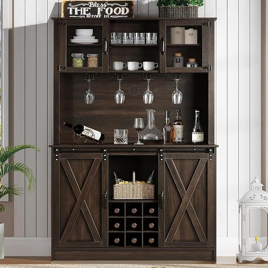 4ever2buy Farmhouse Coffee Bar Cabinet with 4 Mug Hooks, 72 Inch Wine Bar with with Hutch and 2 Sliding Barn Doors, Tall Coffee Bar with 9 Wine Racks for Living Dining Room, Dark Oak