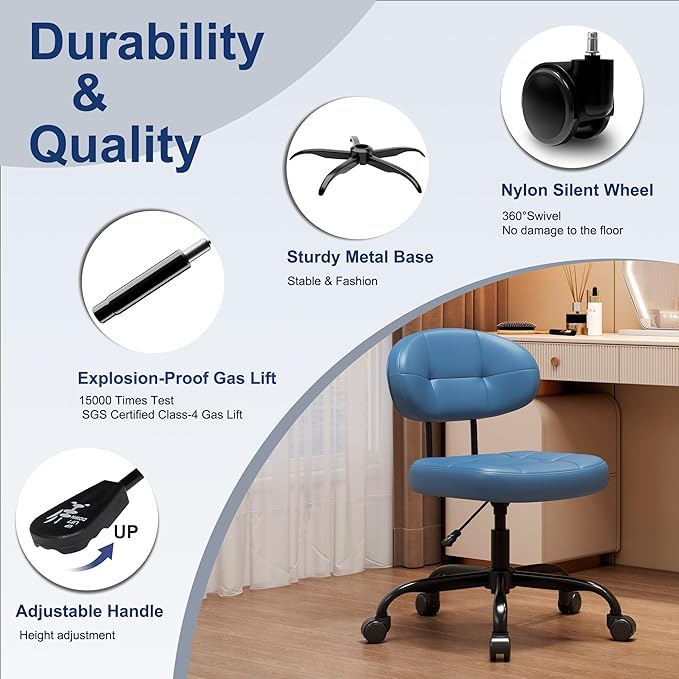 Misolant Vanity Chair with Back, Small Armless Cute Office Chair with Wheels and Lumbar Support, Comfy PU Leather Desk Computer Chairs with Adjustable Height, 360° Swivel for Home Bedroom, Navy Blue