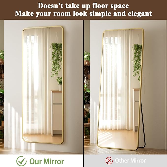 14"x48" Full Length Over The Door Mirror - Aluminum Alloy Frame Full Body Mirror with Height-Adjustable Hangers, Hanging Leaning Against Wall for Dorm, Gold