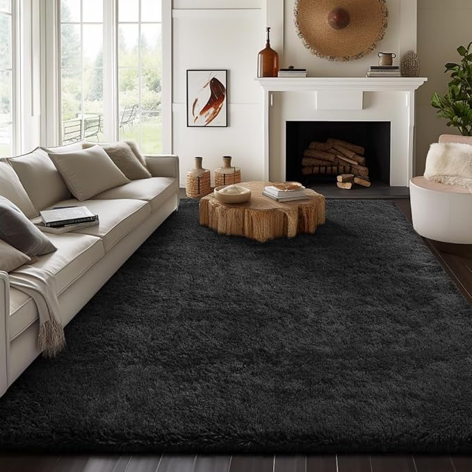 Ophanie 8x10 Black Area Rugs for Living Room, Large Shag Bedroom Carpet, Big Indoor Thick Soft Shaggy Nursery Rug, Fluffy Carpets for Boy and Girls Room Dorm Home Decor Aesthetic