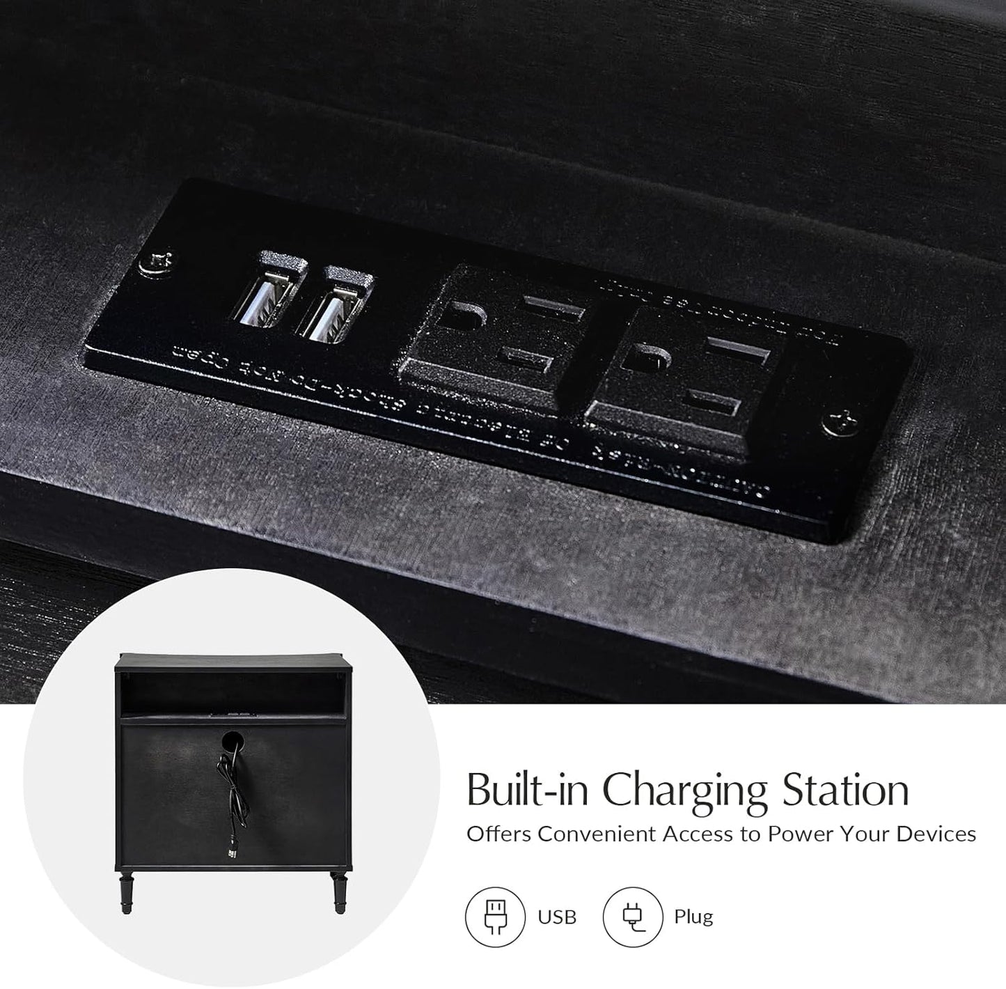 HULALA HOME 3 Drawer Nightstands Set of 2 with Charging Station, 26" Wide Nightstands with Solid Wood Legs and Curved Profile, Classic Bedside Tables for Living Room Bedroom, Black