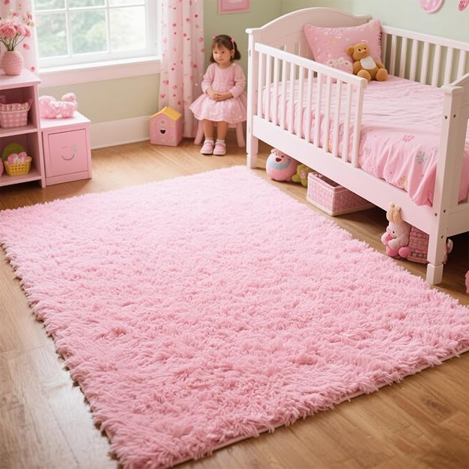 Pink Rug for Girls Bedroom, 5x7 Fluffy Area Rugs for Kids Playroom, Furry Carpet for Nursery Room, Shaggy Rug for Teen Living Room, Thick Fuzzy Plush Rug for Dorm, Cute Room Decor for Baby