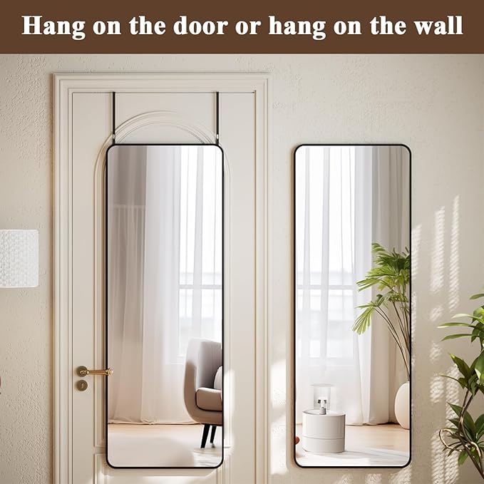 14"x48" Full Length Over The Door Mirror - Aluminum Alloy Frame Full Body Mirror with Height-Adjustable Hangers, Hanging Leaning Against Wall for Dorm, Black
