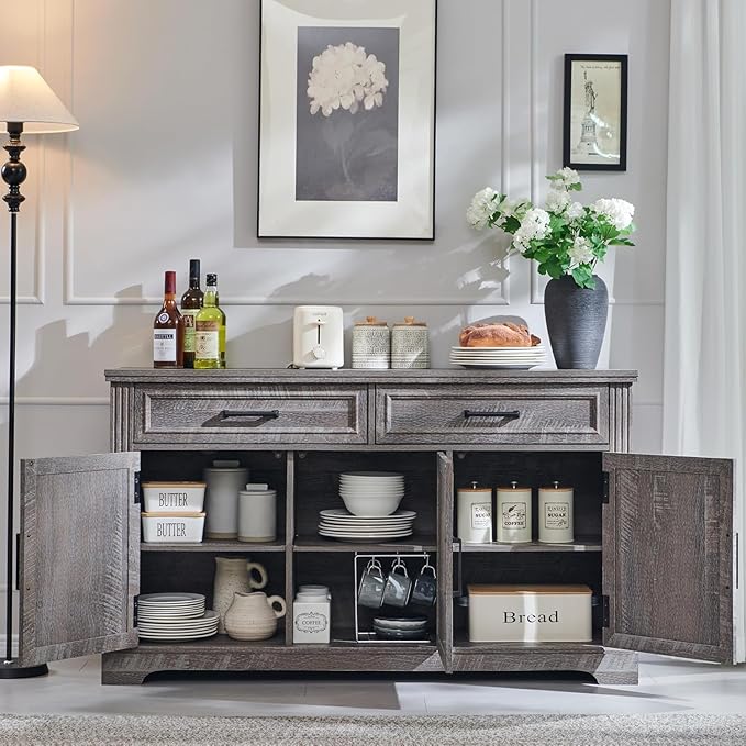 JXQTLINGMU 55" Large Buffet Sideboard Cabinet with 3 Doors and 2 Drawers, Buffet Table Coffee Bar Wine Bar Storage Cabinet for Dining Room, Living Room, Dark Grey