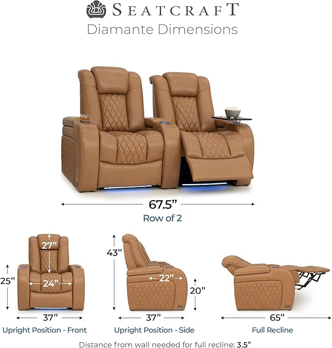 Seatcraft Diamante Zero-Gravity CoolZero Italian Leather Home Theater Seating, Power Headrest, Power Recline, Row of 2, Tan Oak