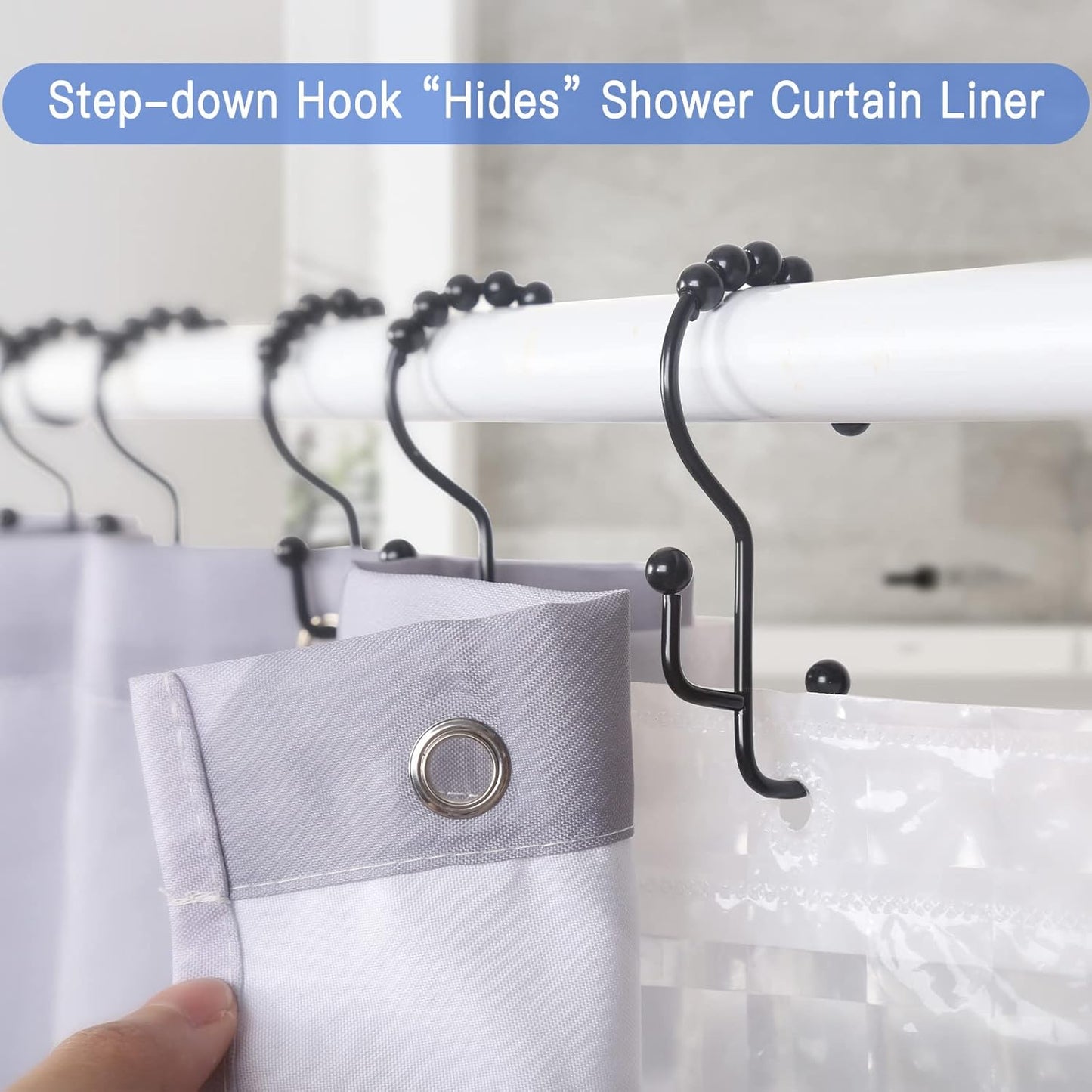 Shower Curtain Hooks, 12 Pcs Double Shower Curtain Hooks Rings, Black Shower Curtain Hooks Rust Proof, Stainless Steel Bathroom Shower Hooks for Shower Curtain, Towels, Clothing, Black
