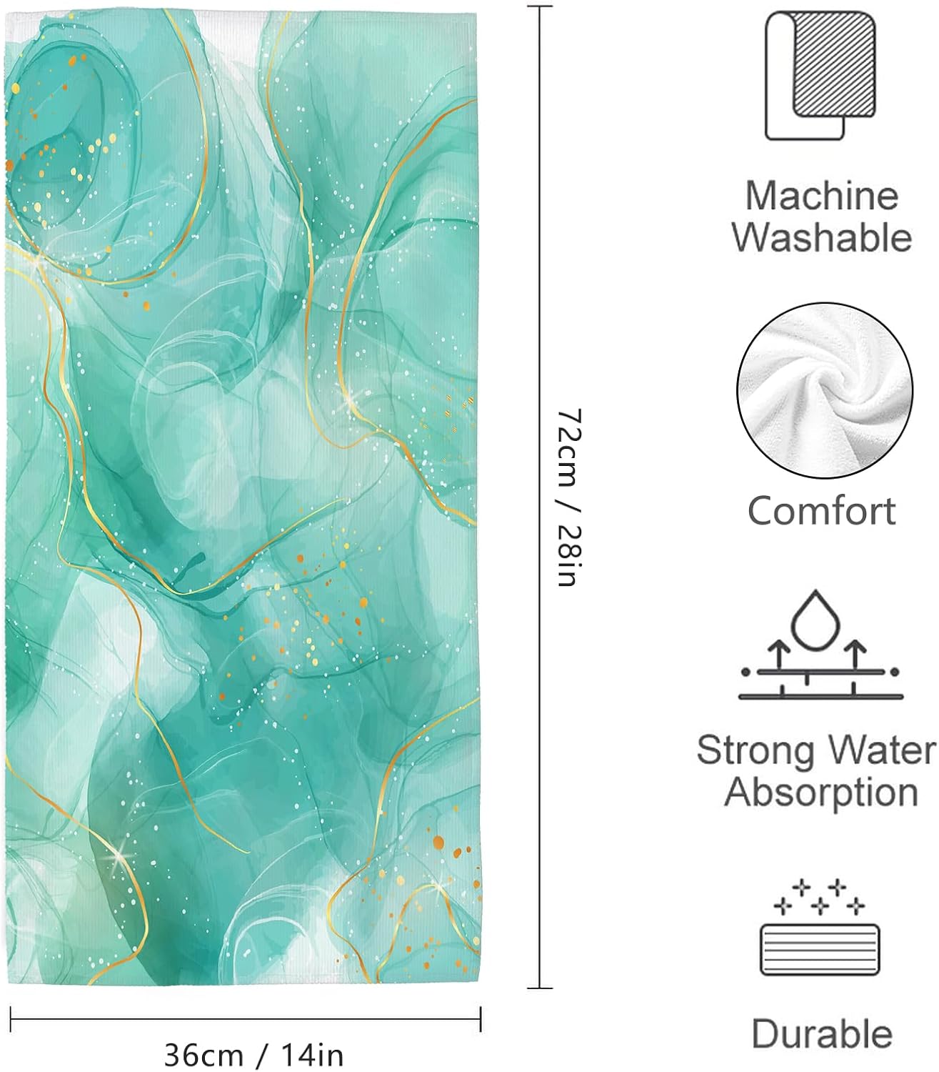 Teal Gold Marble Bathroom Hand Towels Decorative Set of 2 Green Turquoise Bath Hand Towels for Bathroom Kitchen Home Gym Yoga Spa 14"x28" Soft Absorbent Farmhouse Decorative Towel