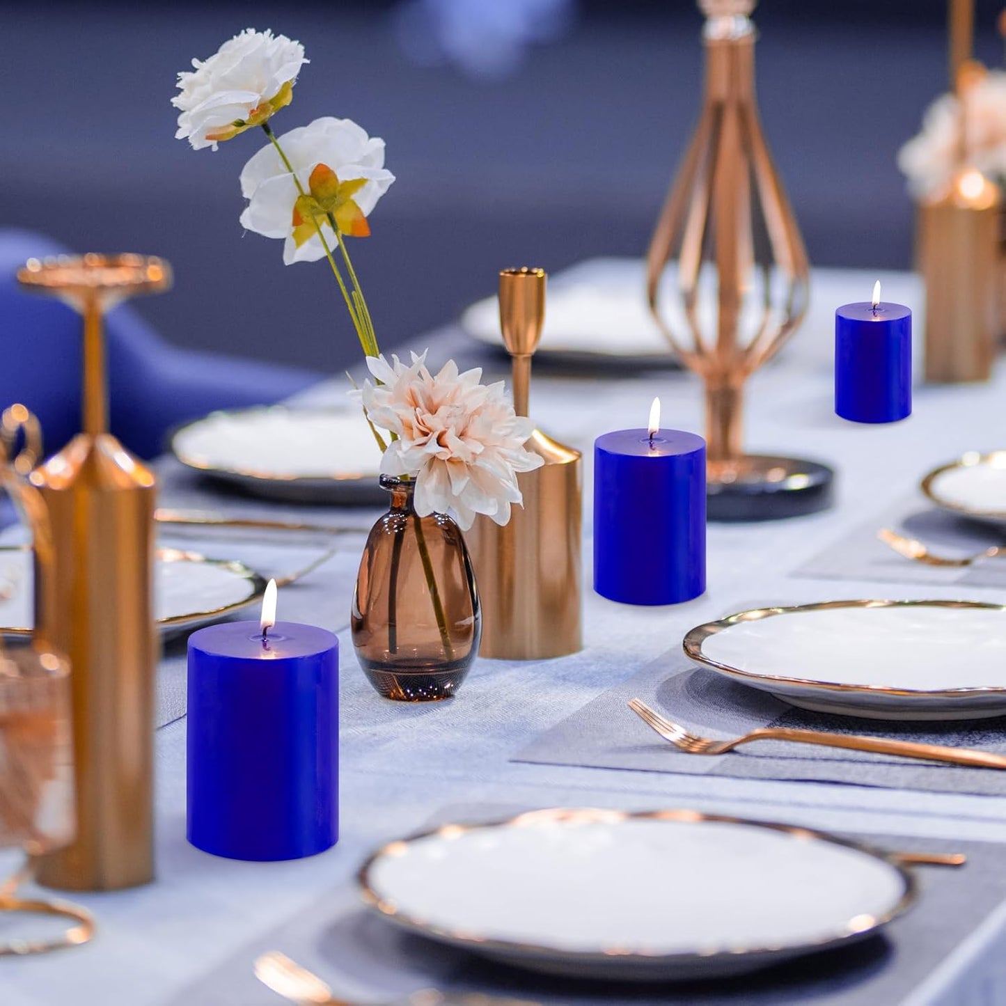 KONNI Classic Blue Pillar Candles Set of 3, 3"x 3" Unscented Pillar Candles Bulk, 30 Hours Long Burning Candles, Smokeless&Dripless Large Round Candle for Wedding, Home Decoration, Parties, Spas