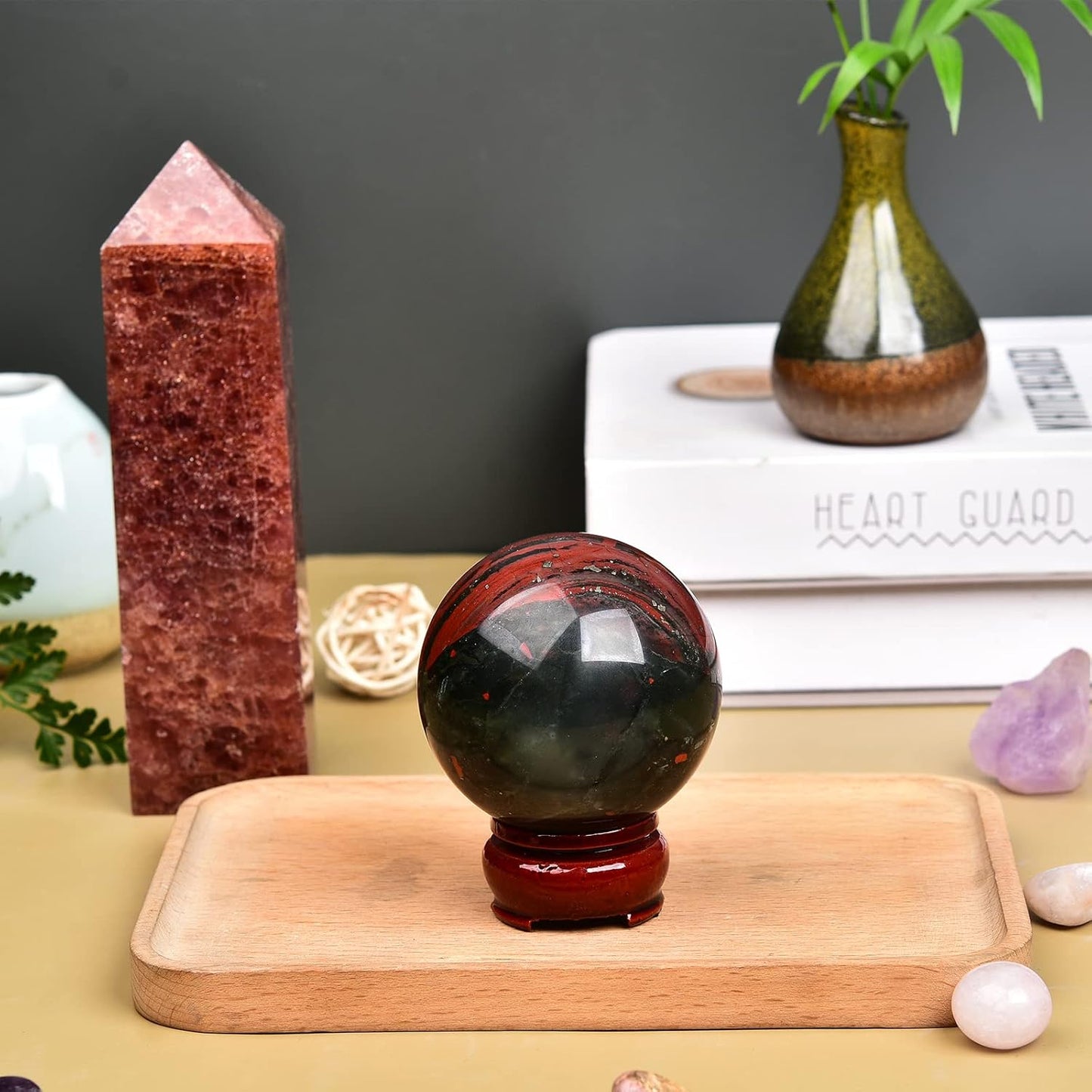 JIC Gem African Bloodstone Crystal Ball Natural Quartz Crystal Sphere Stone Ball with Wooden Base (70-80mm)