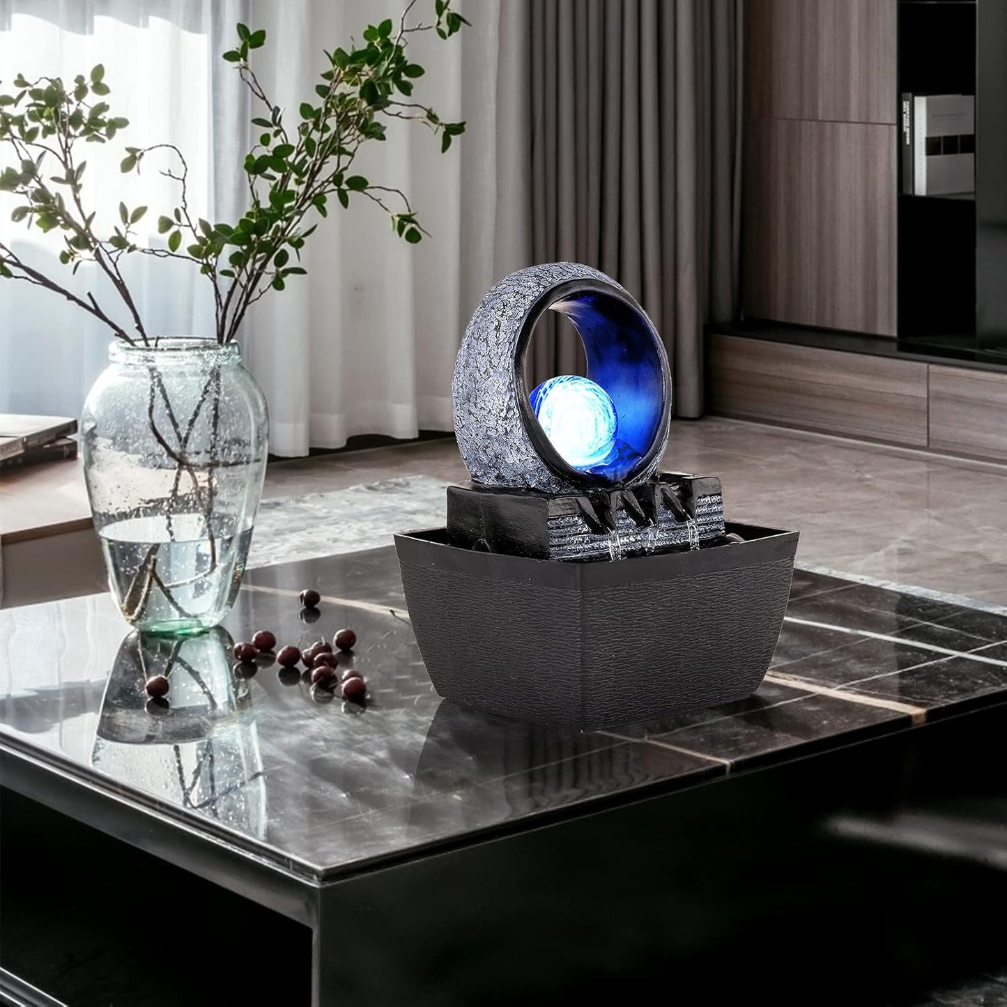 WICHEMI Indoor Fountain Tabletop Fountain Mini Waterfall Fountains Relaxation Water Feature Feng Shui Zen Meditation Desktop Fountain with Rolling Ball for Home Office Indoor Spaces Decor (Style 2)