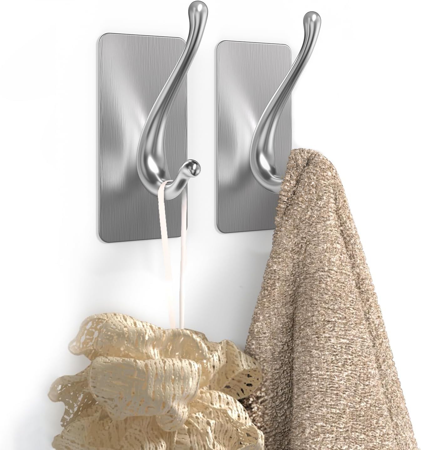Towel Hooks, Solid Alloy Adhesive Wall Hooks for Hanging, Towel Hooks for Bathroom, RV, Kitchen, Closets, etc (Silver, 2 Pack)