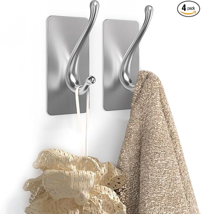 Towel Hooks, Solid Alloy Adhesive Wall Hooks for Hanging, Towel Hooks for Bathroom, RV, Kitchen, Closets, etc (Silver, 2 Pack)