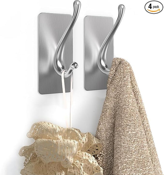 Towel Hooks, Solid Alloy Adhesive Wall Hooks for Hanging, Towel Hooks for Bathroom, RV, Kitchen, Closets, etc (Silver, 2 Pack)