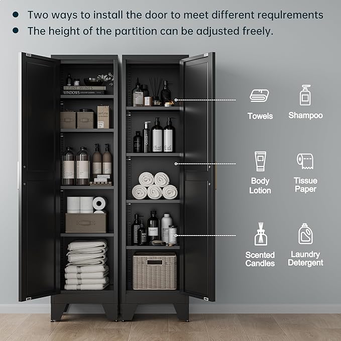 67''Farmhouse Metal Storage Cabinet with Barn Doors,Steel File Cabinet for Home Office,Kitchen Pantry 4 Adjustable Shelves,Freestanding Cupboard for Kitchen,HomeOffice (Black)