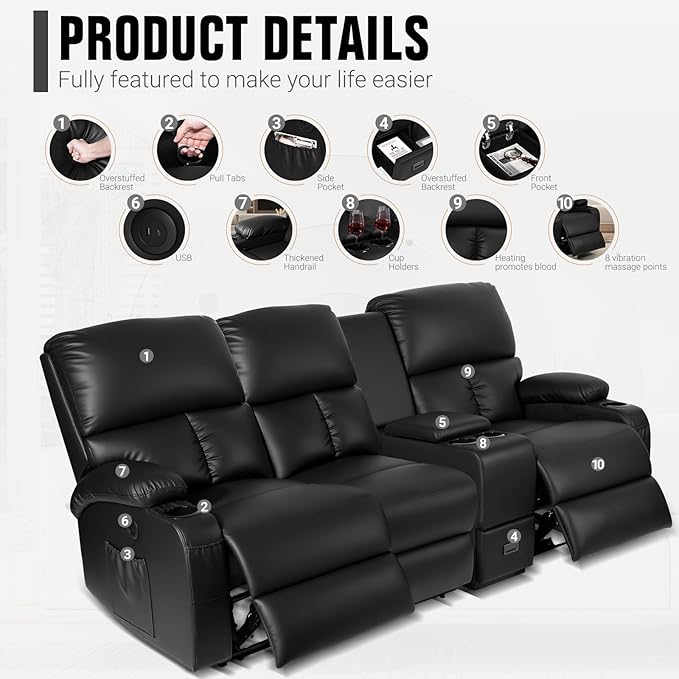 Home Theater Seating,RV Recliner Sofa with Massage and Heat,Manual RV Recliner Loveseat with USB/Cup Holders and Side Pocket for Living Room,3 Loveseat Black