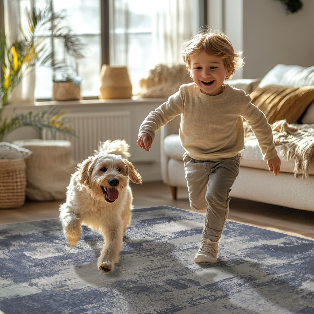 Area Rugs 8x10 for Living Room Bedroom, Modern Abstract Machine Washable Large Soft Navy Blue Rug, Low Pile Floor Carpet with Non Slip Backing for Dining Room, Harbor/Navy Blue