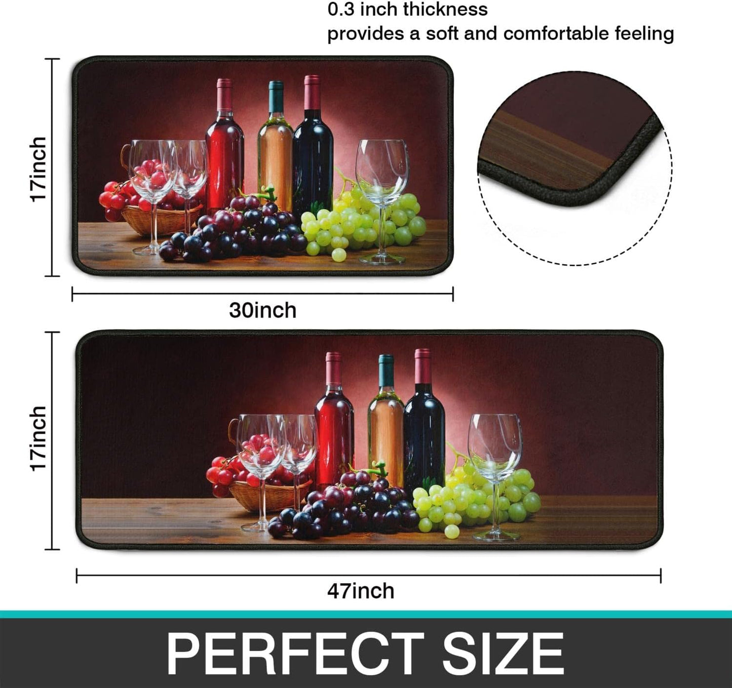 2 Piece Wine Kitchen Rug Set, 3D Wine Glasses Kitchen Rugs and Mats Non Skid Washable Absorbent Microfiber Kitchen Floor Decor Mat 17"x 47"+17"x 30"