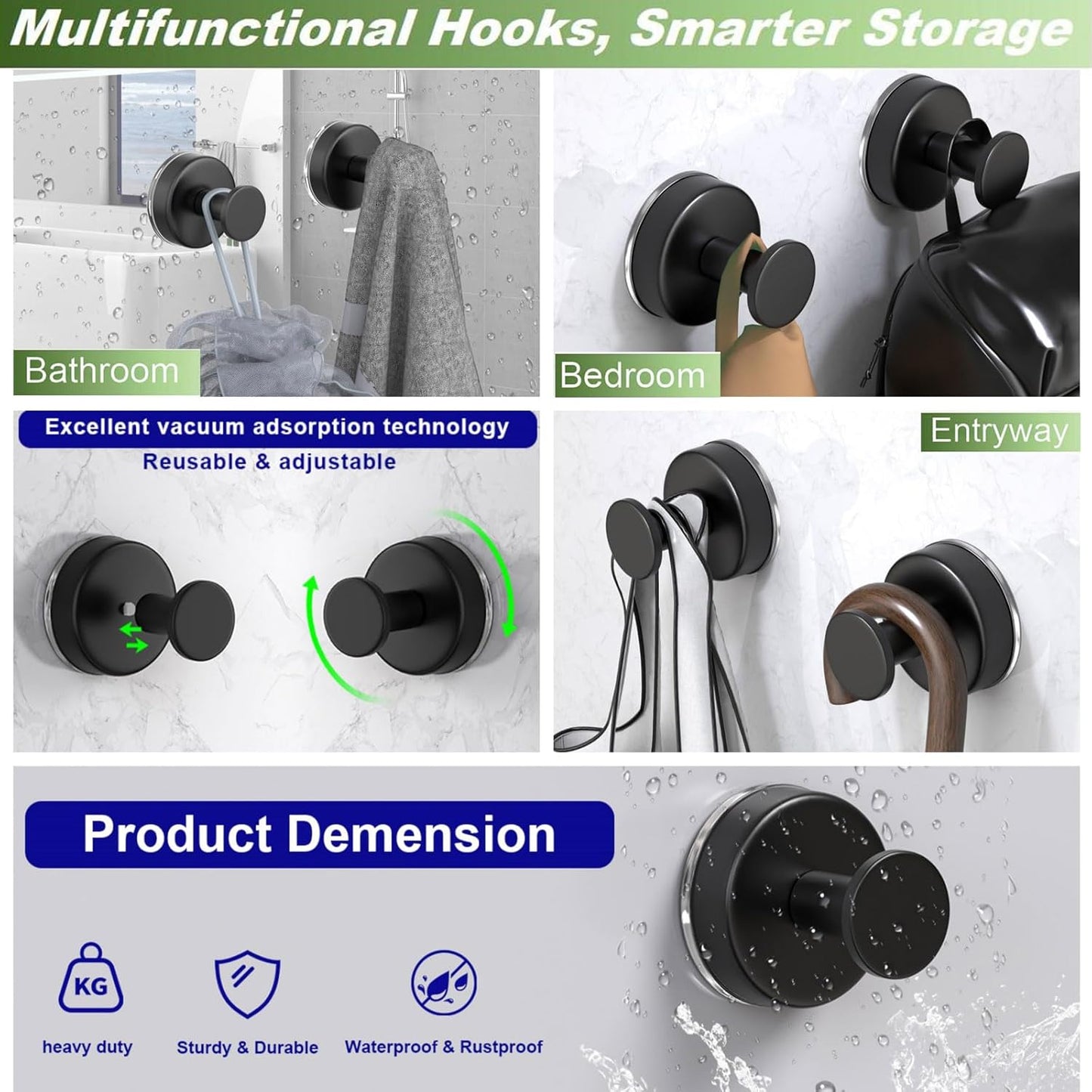 Suction Cup Hooks for Shower, Towel Hooks for Hanging Towels, Robes, Bath Balls, Stainless Steel Shower Hooks for Bathroom Wall, Glass Door, Kitchen, Mirror, Tile (2 Pack，Black)