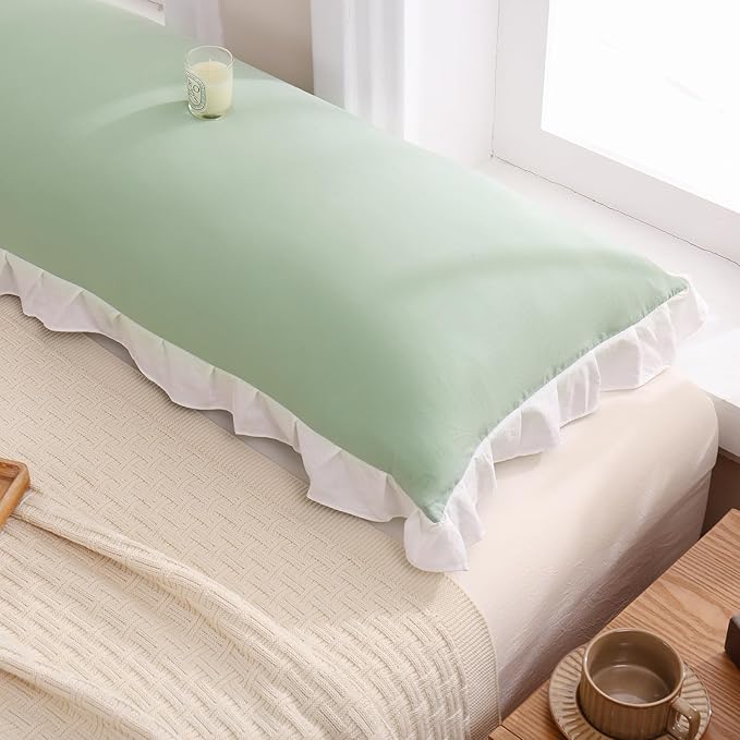 Merryword Green Pillow Shams Green and White Reversible King Pillowcases Cute Pillow Cover Set of 2 Soft Shabby Chic Ruffled Pillowcases 2 Pack (King (20''x36''), Green White)