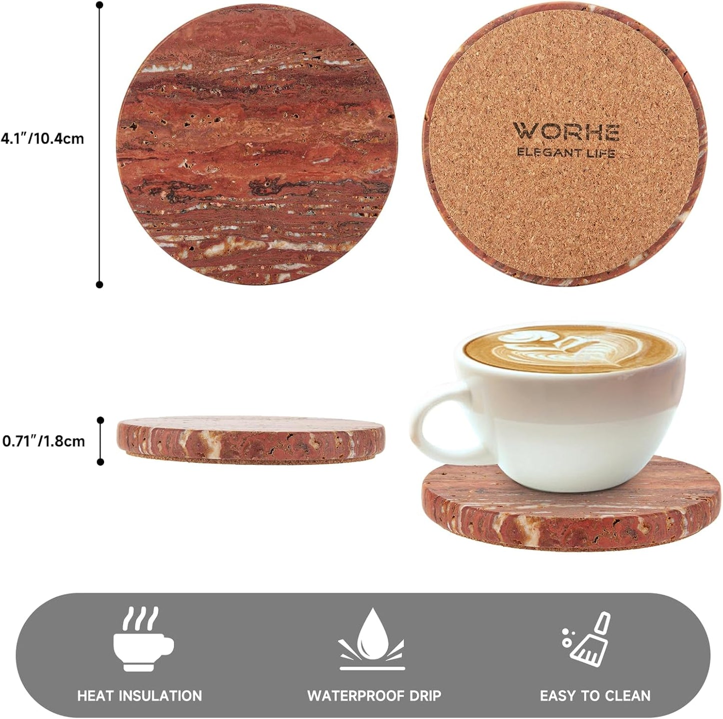 WORHE Marble Coaster for Drinks 4" Diameter Set of 4 Round Travertine Coasters for Home Decor Office Parties Birthday Housewarming Gift, Protect Countertops from Dirty,Sturdy and Tough Red (WH026)