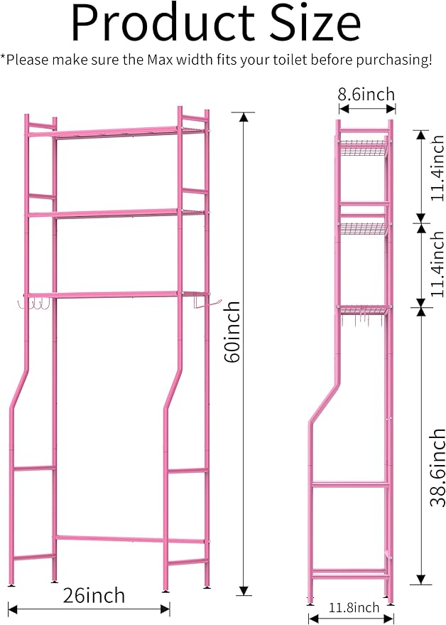 3-Tier Over The Toilet Storage, Space Saver Metal Bathroom Shelves, Freestanding Above Over Toilet Storage Shelf with 4 Hooks for Bathroom, Pink