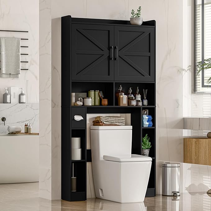 Over The Toilet Storage Cabinet, Farmhouse Toilet Cabinet Rack with Barn Doors, Space Saving Bathroom Organizer with Shelves, Toilet Paper Holder and Towel Rack for Bathroom,Laundry Pure Black