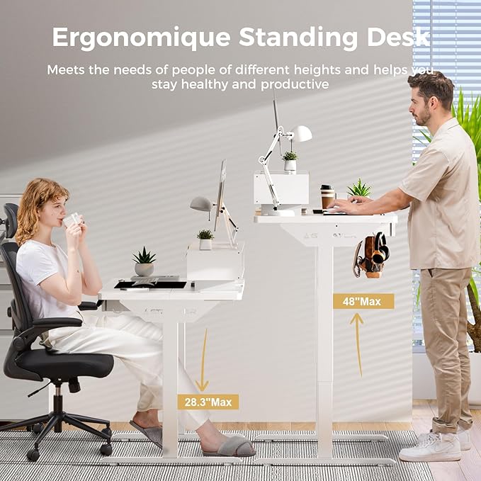 GTPLAYER Electric Standing Desk with Drawers, 48 x 24 Inch Height Adjustable Gaming Desk with Monitor Stand, Power Outlets & LED Lights, Home Office Sit Stand Up Desk with Memory Preset (White)