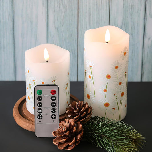 Eywamage White Floral Flameless Pillar Candles with Remote, Flickering Spring Daisy Battery LED Candles Set of 2